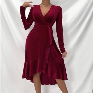 Burgundy Velvet Mock-Wrap Dress